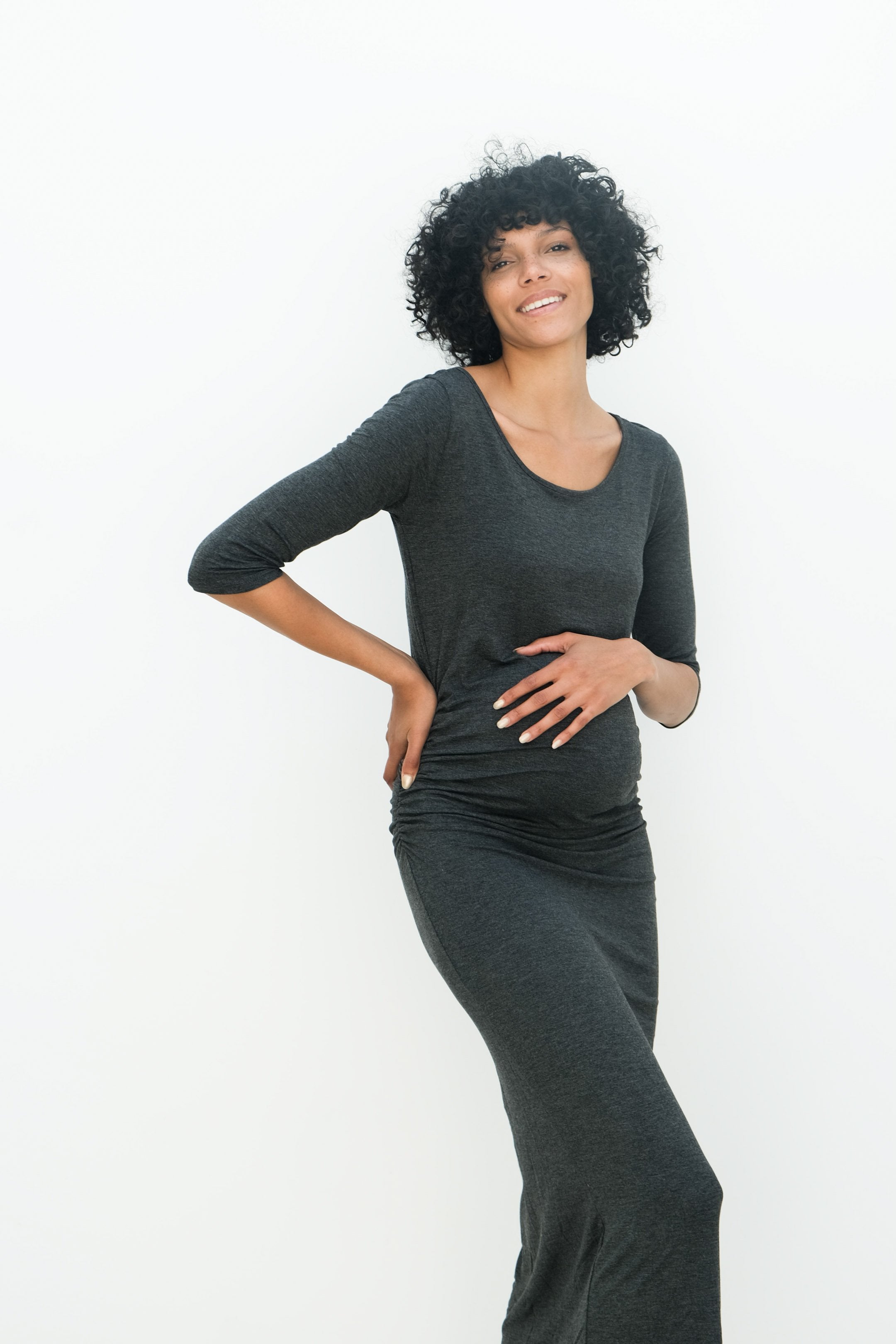 Maternity Maxi Ruched Evening Dress with 3/4 Sleeves Maternity Maxi Ruched Evening Dress with 3/4 Sleeves