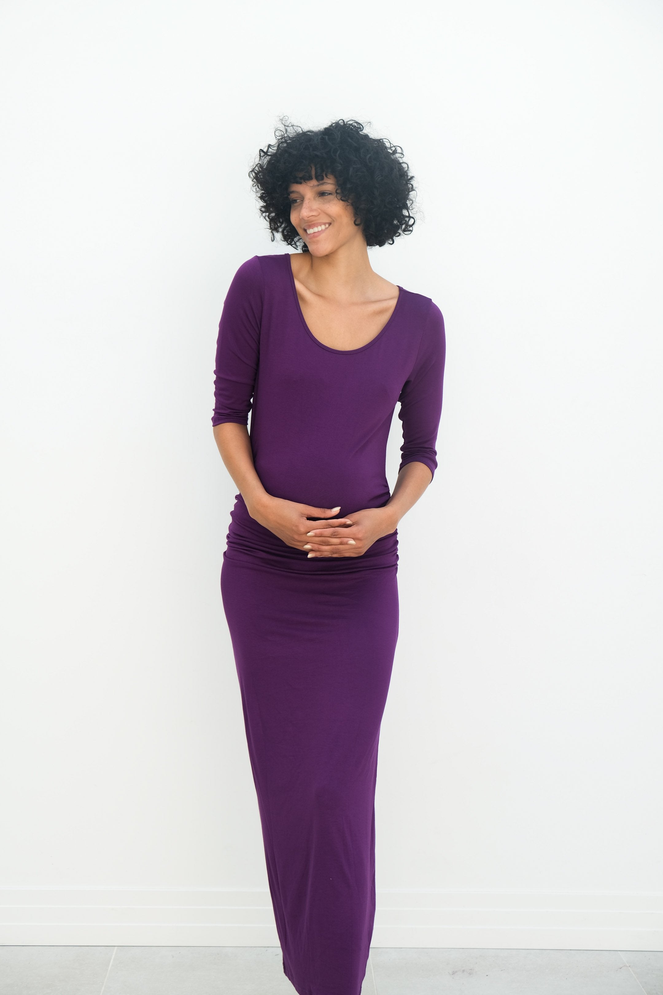 Maternity Maxi Ruched Evening Dress with 3/4 Sleeves Maternity Maxi Ruched Evening Dress with 3/4 Sleeves