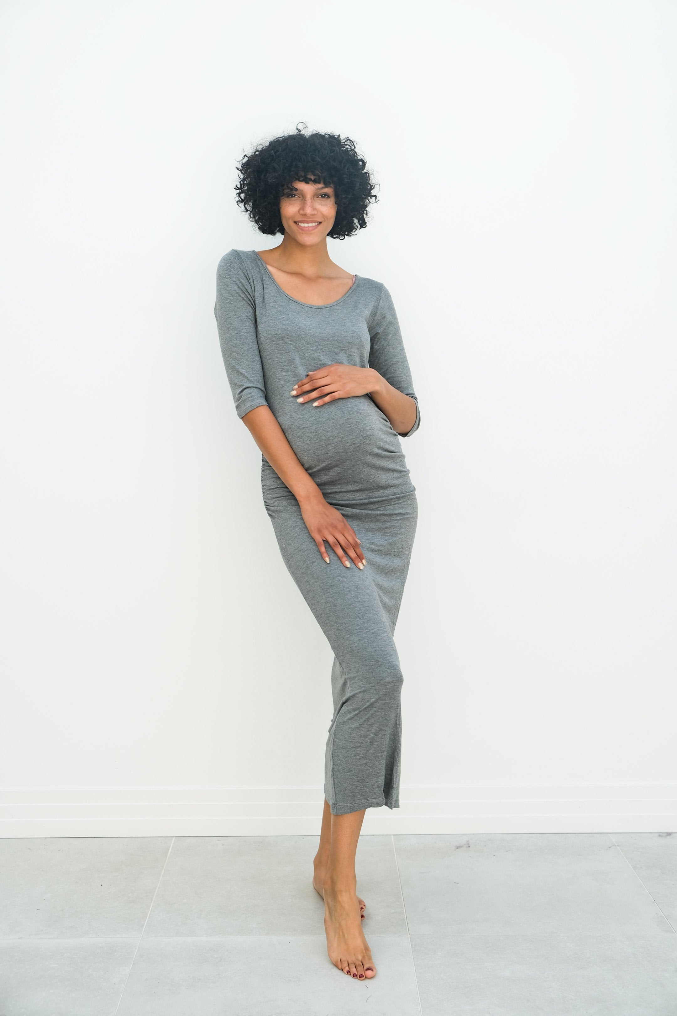 Maternity Maxi Ruched Evening Dress with 3/4 Sleeves Maternity Maxi Ruched Evening Dress with 3/4 Sleeves