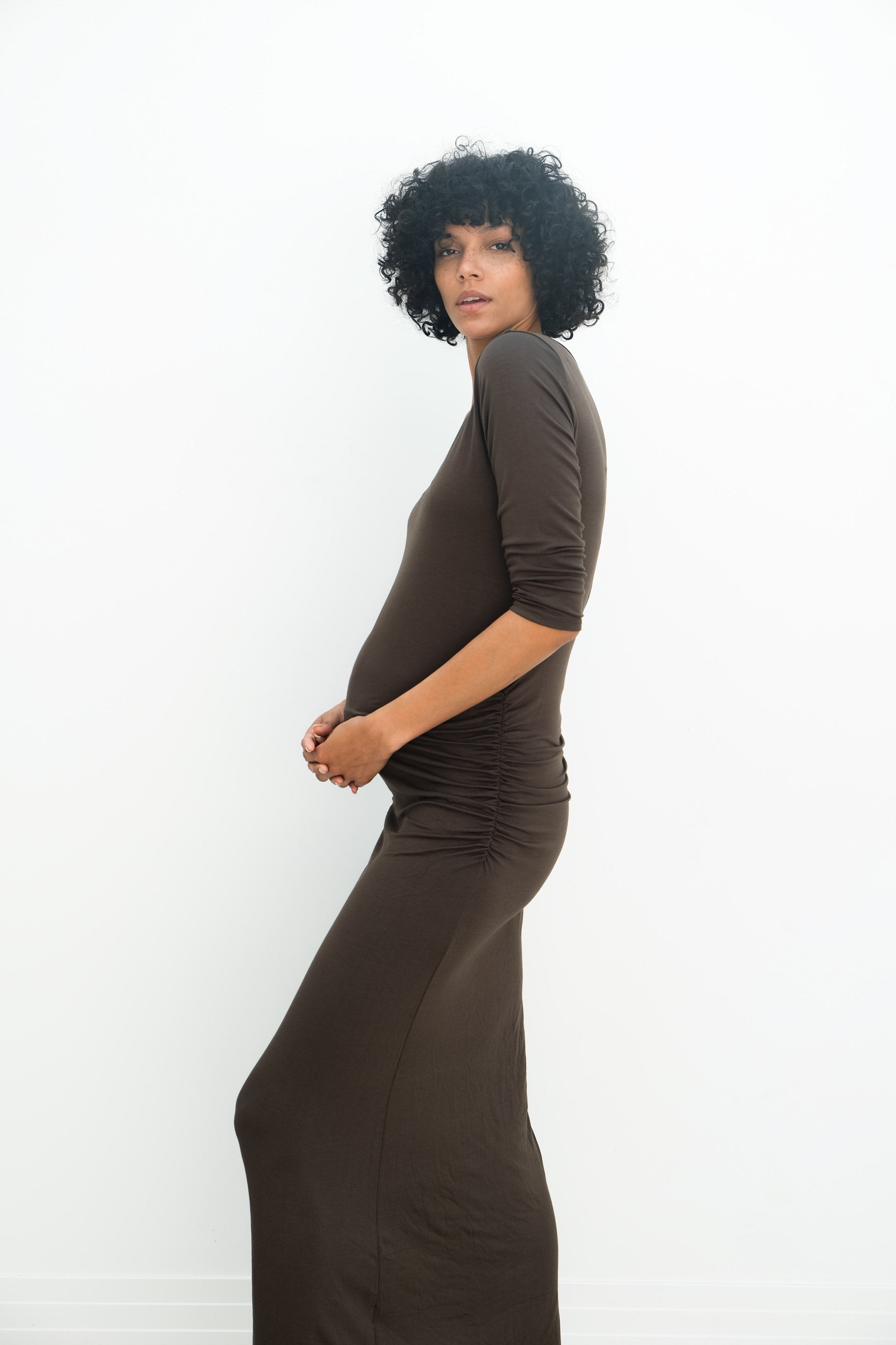 Maternity Maxi Ruched Evening Dress with 3/4 Sleeves Maternity Maxi Ruched Evening Dress with 3/4 Sleeves