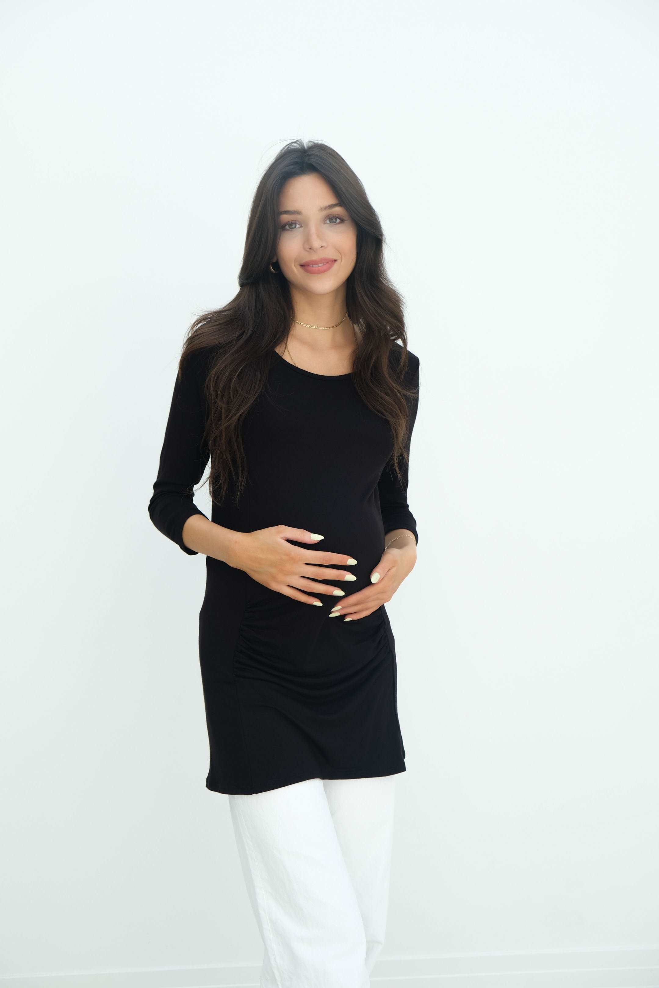Sienna | Ruched Long Sleeve Short Maternity Dress With High Neck Sienna | Ruched Long Sleeve Short Maternity Dress With High Neck