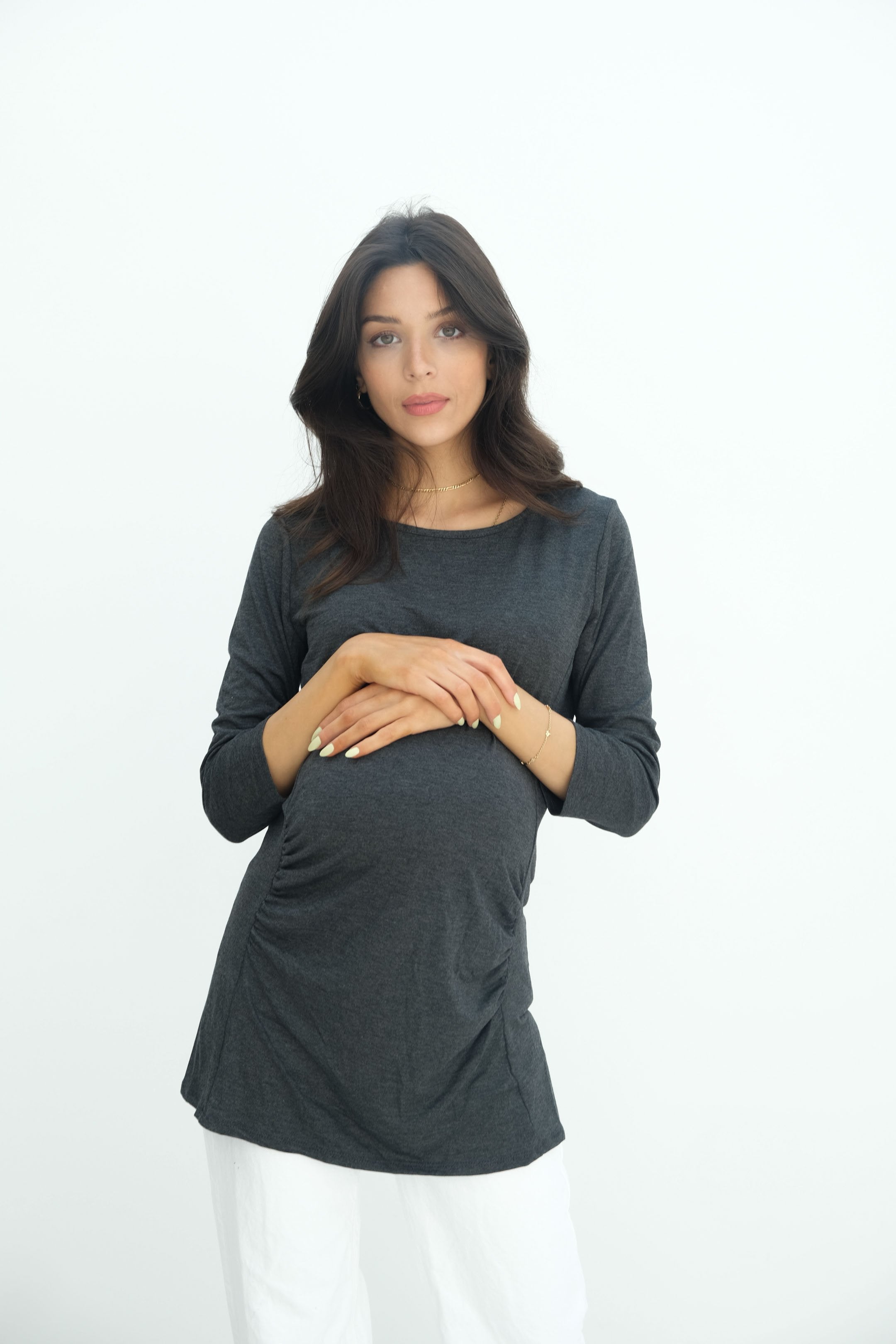 Sienna | Ruched Long Sleeve Short Maternity Dress With High Neck Sienna | Ruched Long Sleeve Short Maternity Dress With High Neck