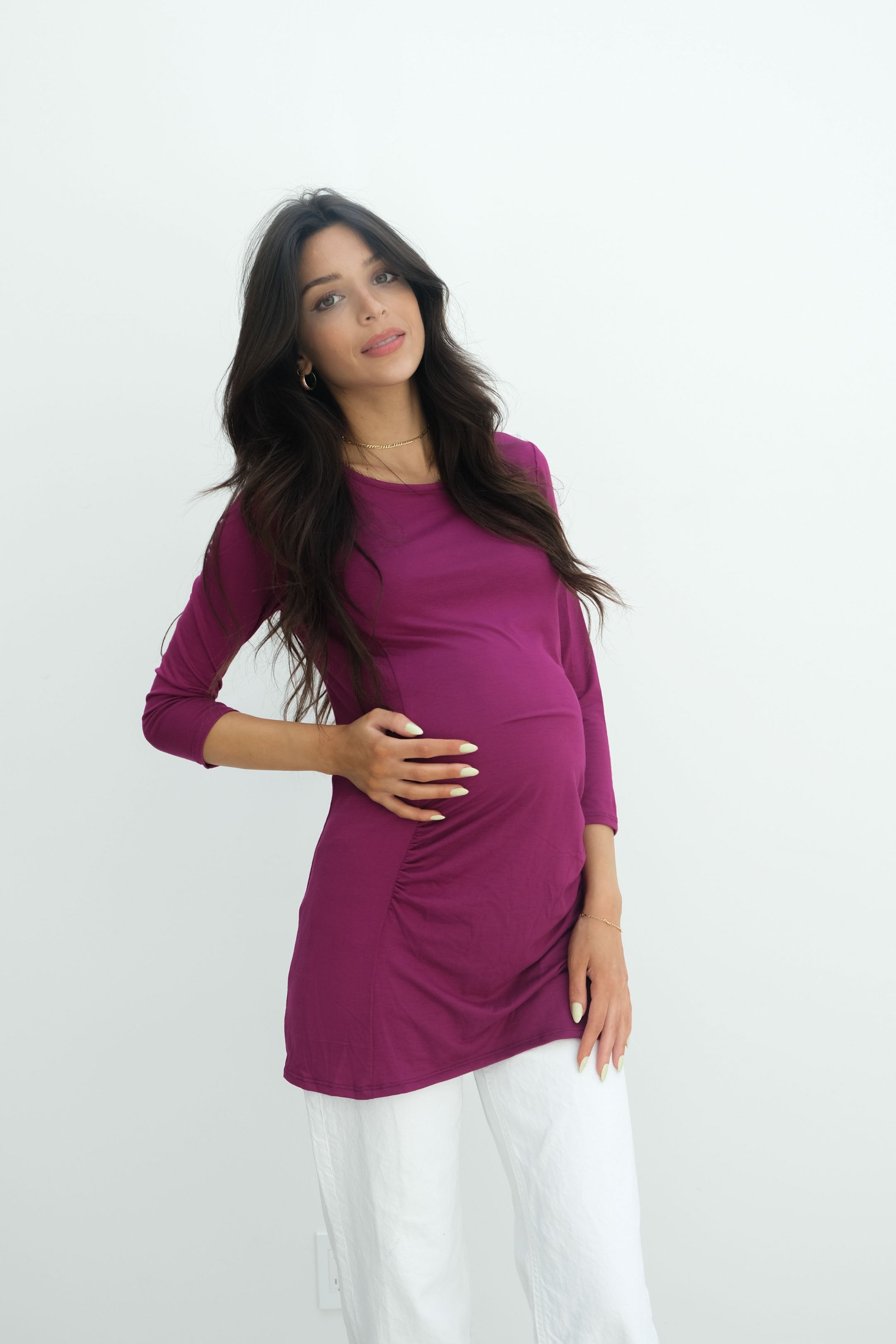 Sienna | Ruched Long Sleeve Short Maternity Dress With High Neck Sienna | Ruched Long Sleeve Short Maternity Dress With High Neck