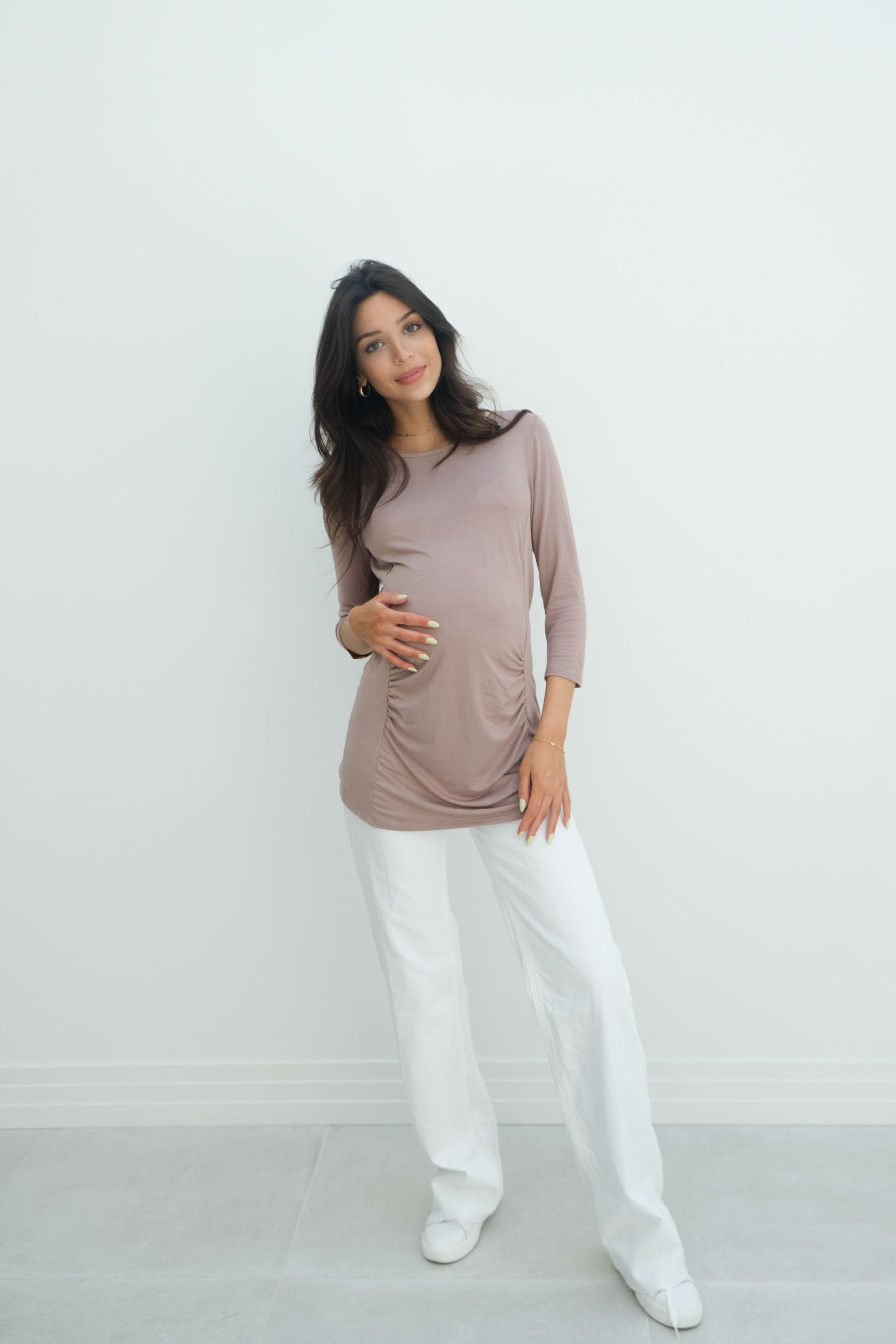 Sienna | Ruched Long Sleeve Short Maternity Dress With High Neck Sienna | Ruched Long Sleeve Short Maternity Dress With High Neck