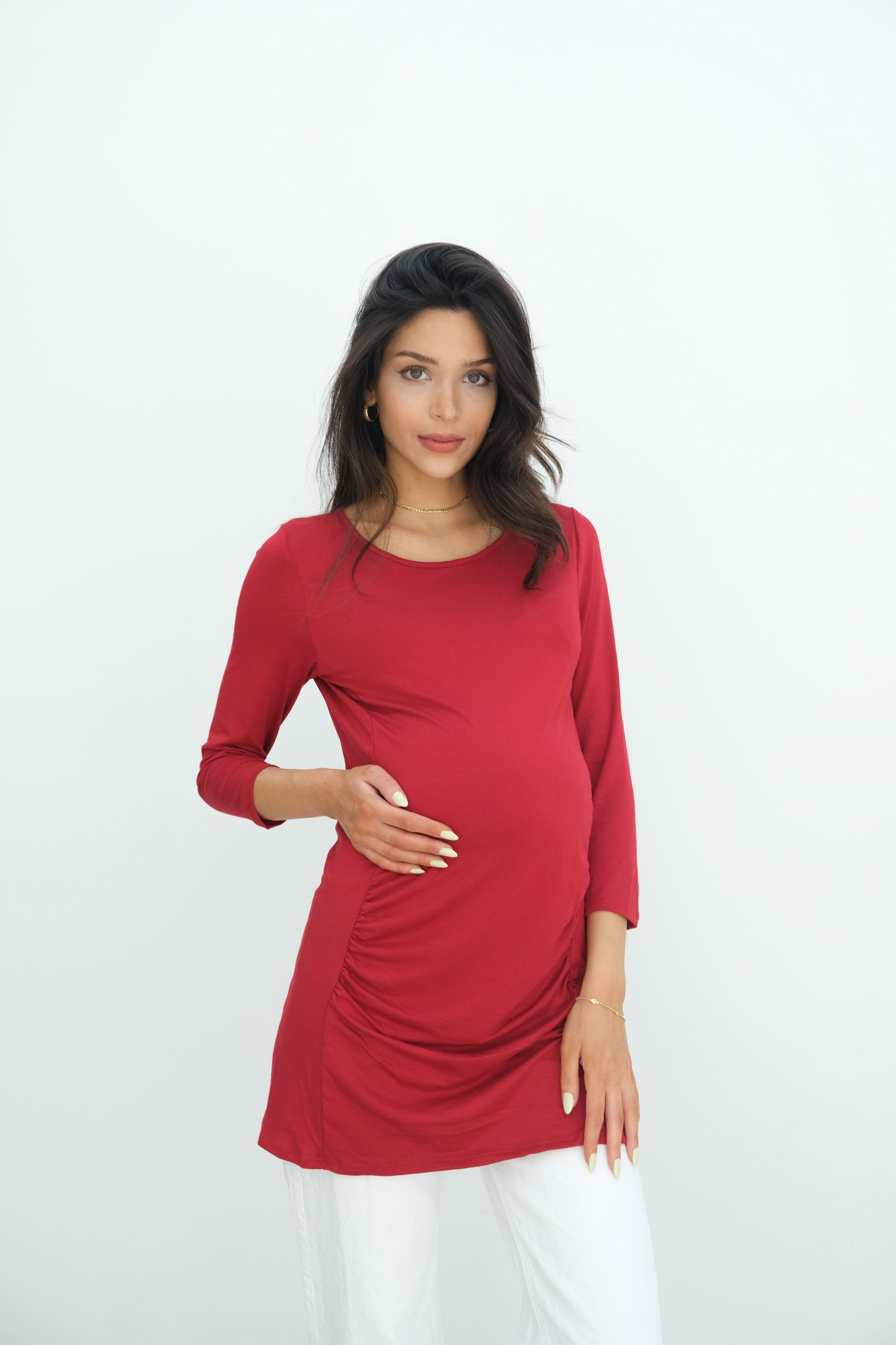 Sienna | Ruched Long Sleeve Short Maternity Dress With High Neck Sienna | Ruched Long Sleeve Short Maternity Dress With High Neck