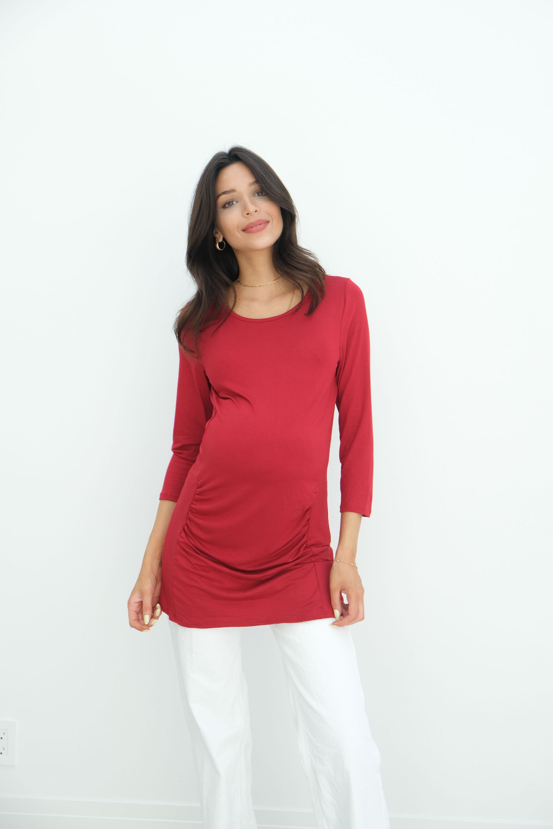 Sienna | Ruched Long Sleeve Short Maternity Dress With High Neck Sienna | Ruched Long Sleeve Short Maternity Dress With High Neck
