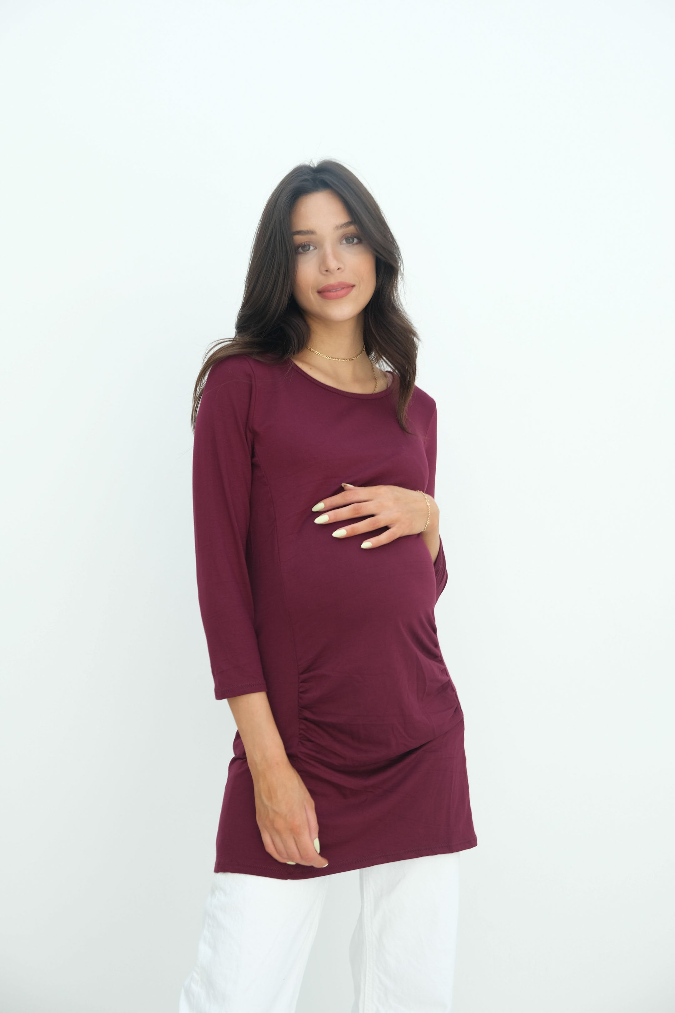 Sienna | Ruched Long Sleeve Short Maternity Dress With High Neck Sienna | Ruched Long Sleeve Short Maternity Dress With High Neck