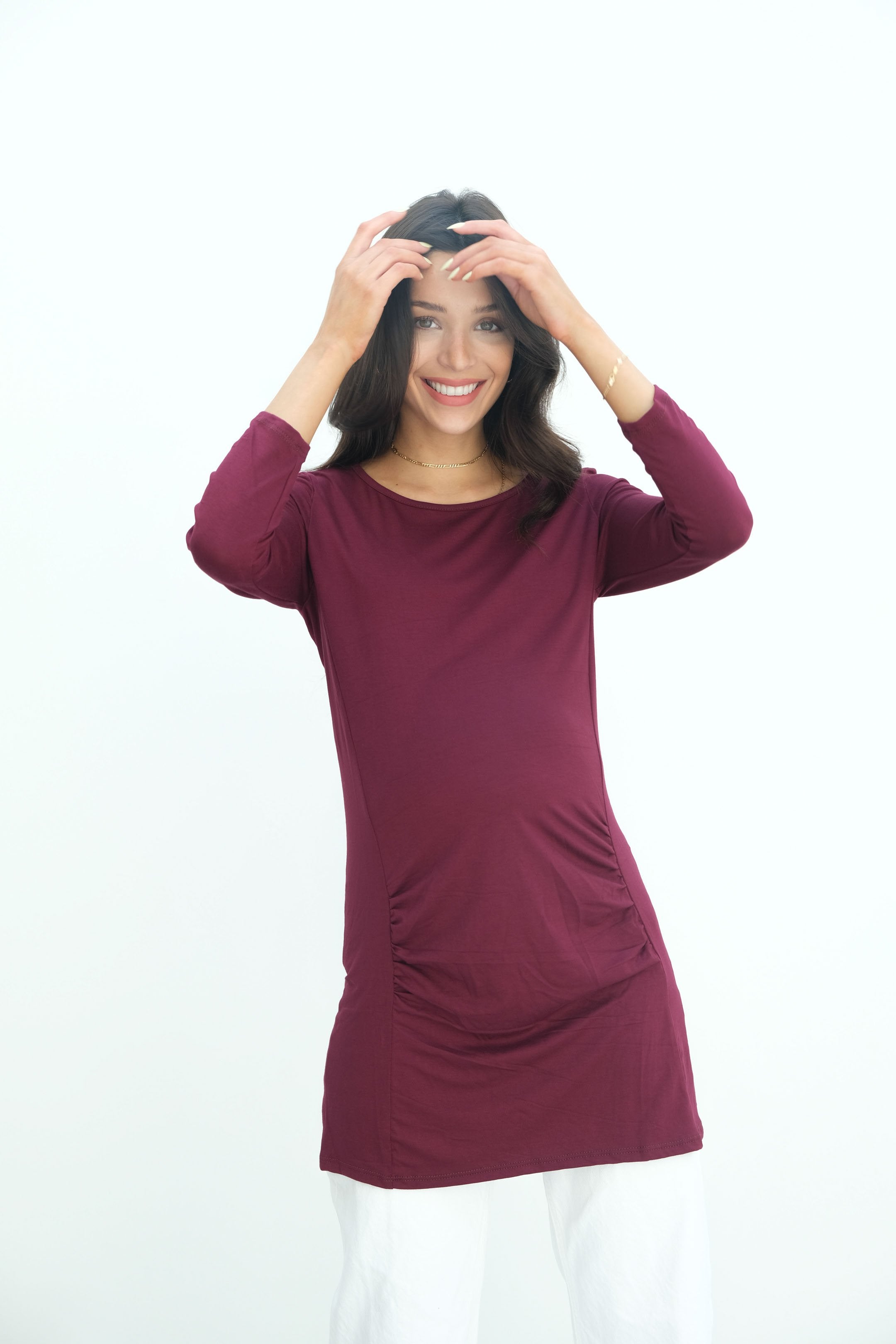 Sienna | Ruched Long Sleeve Short Maternity Dress With High Neck Sienna | Ruched Long Sleeve Short Maternity Dress With High Neck