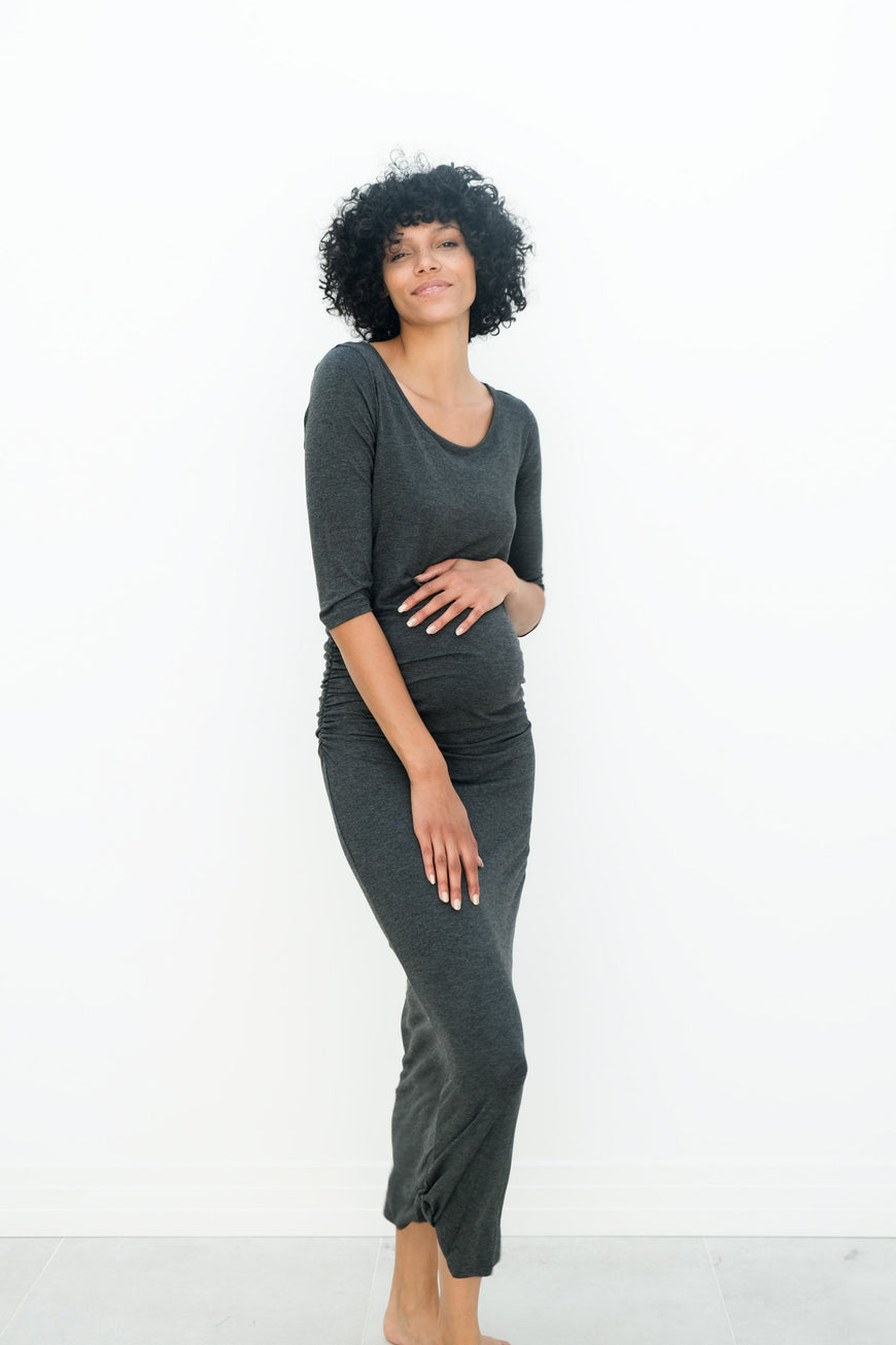 Maternity Maxi Ruched Evening Dress with 3/4 Sleeves