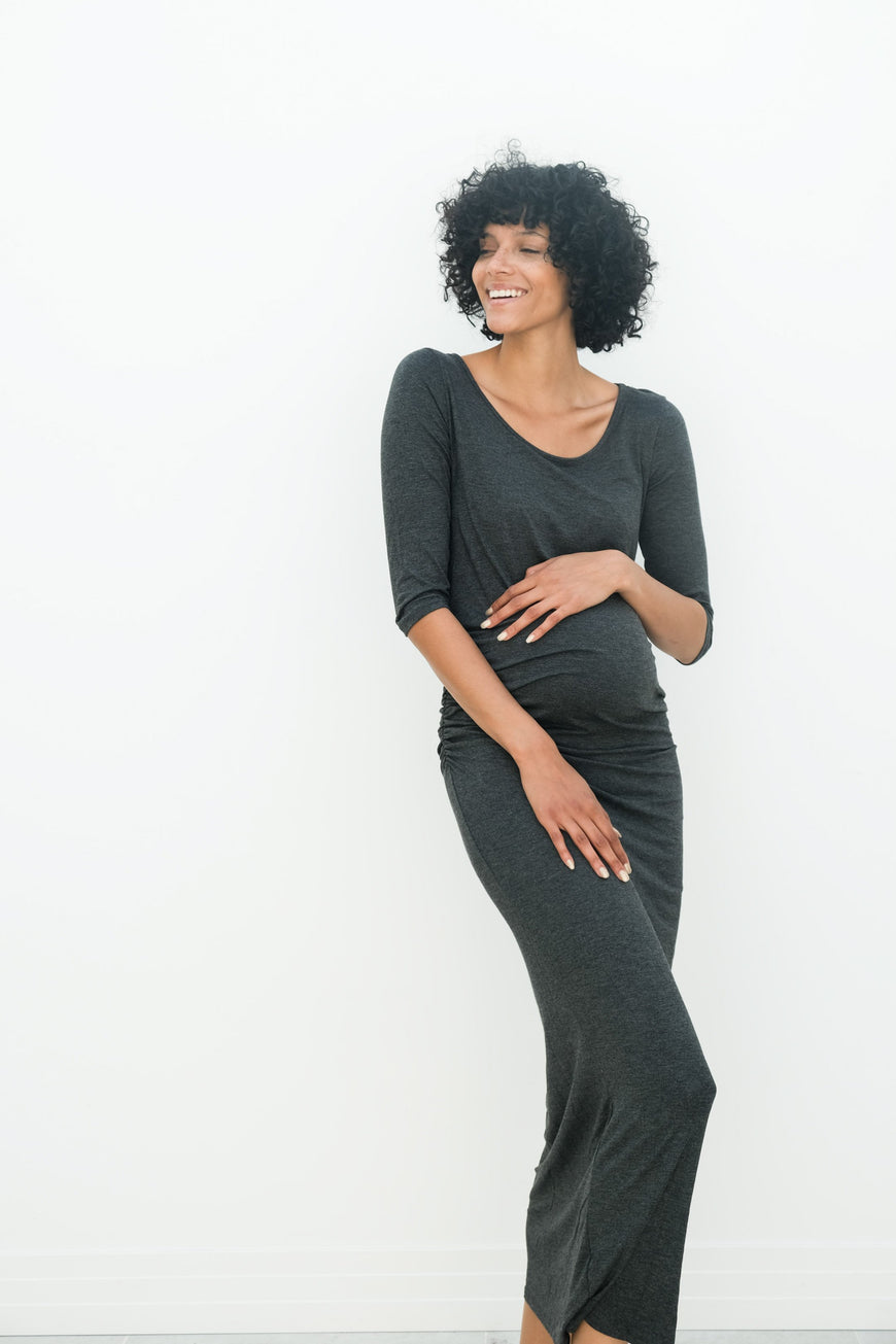 Maternity Maxi Ruched Evening Dress with 3/4 Sleeves