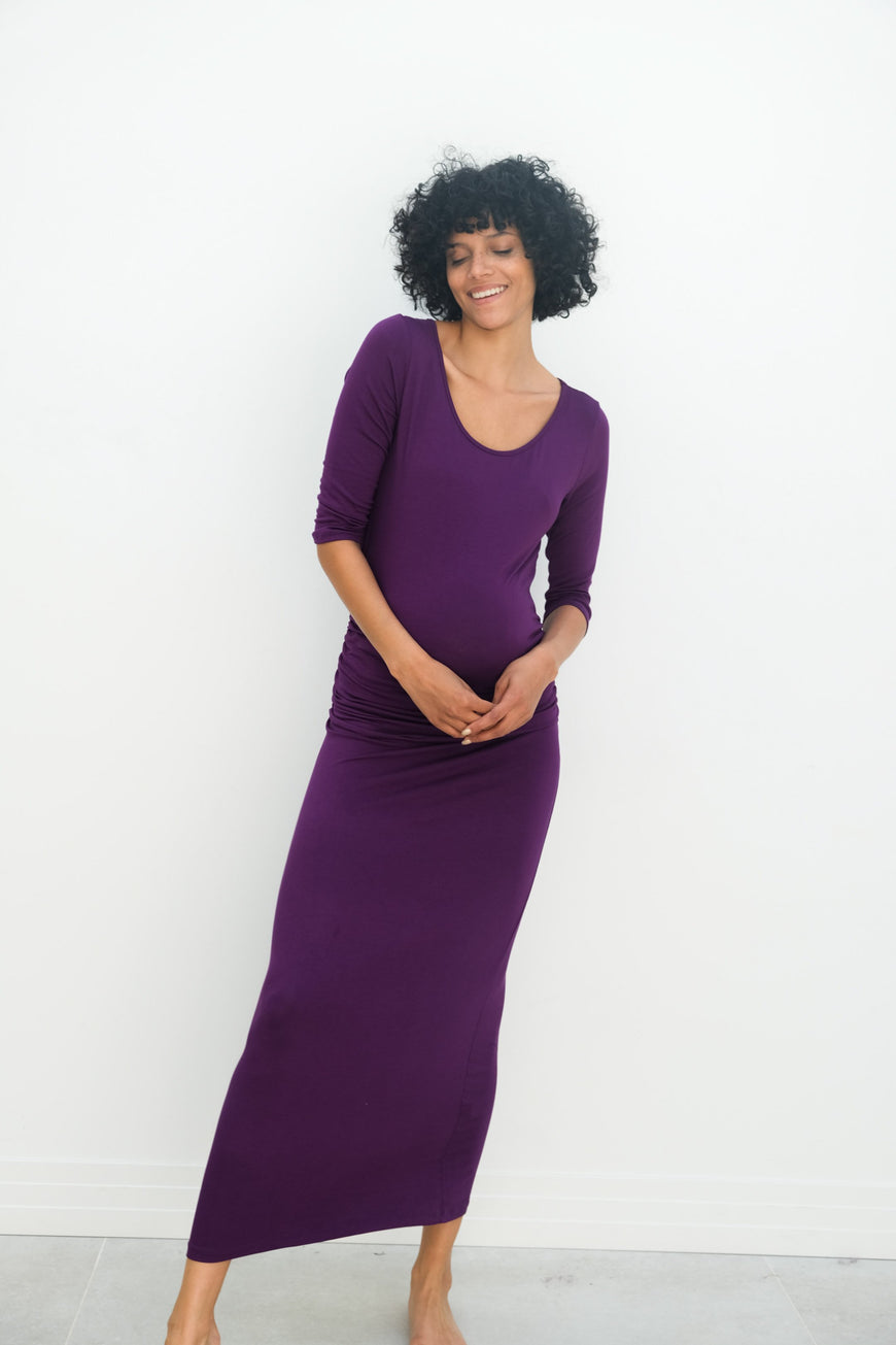 Maternity Maxi Ruched Evening Dress with 3/4 Sleeves