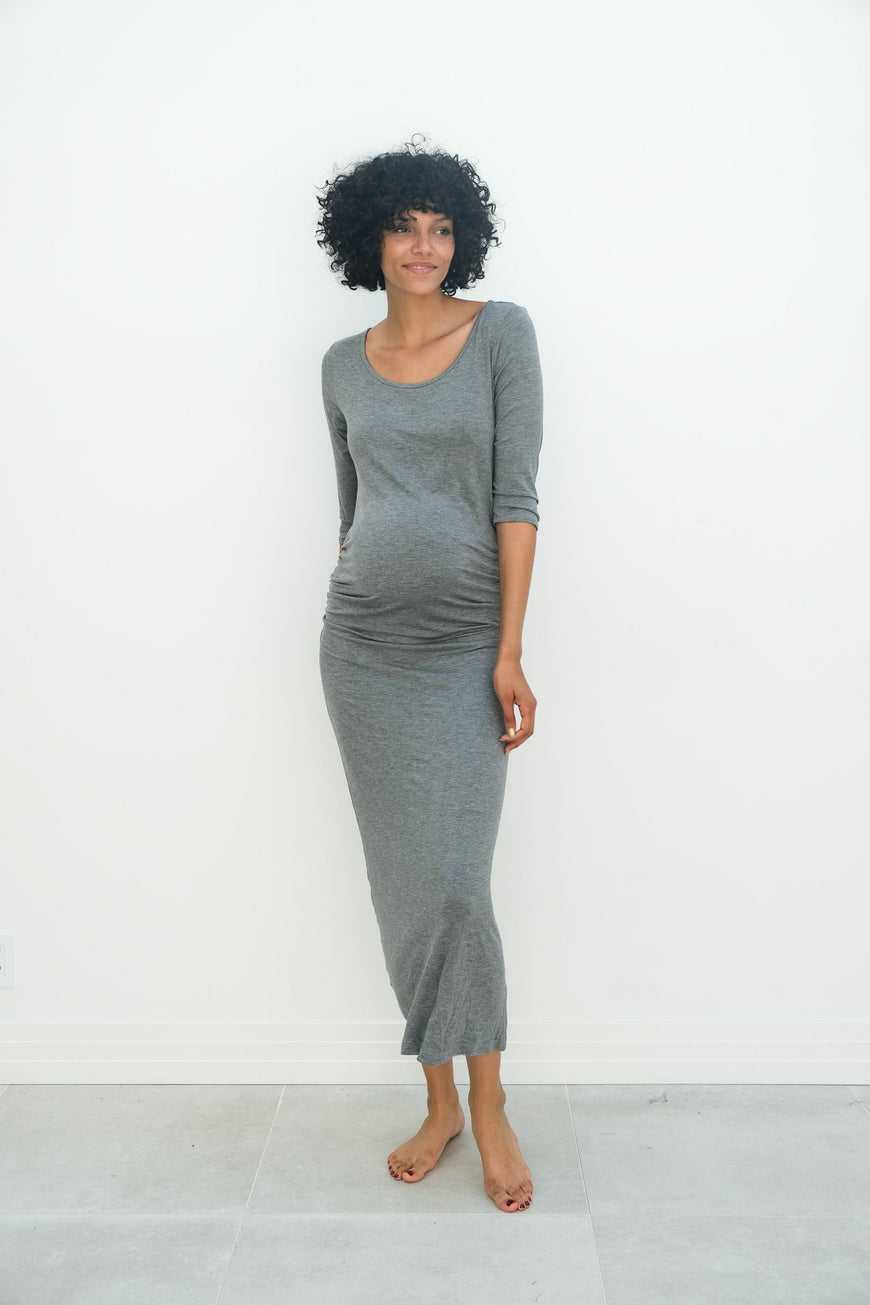 Maternity Maxi Ruched Evening Dress with 3/4 Sleeves