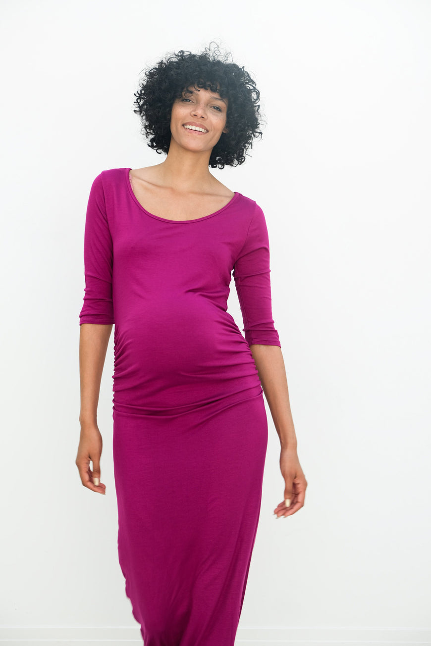Maternity Maxi Ruched Evening Dress with 3/4 Sleeves