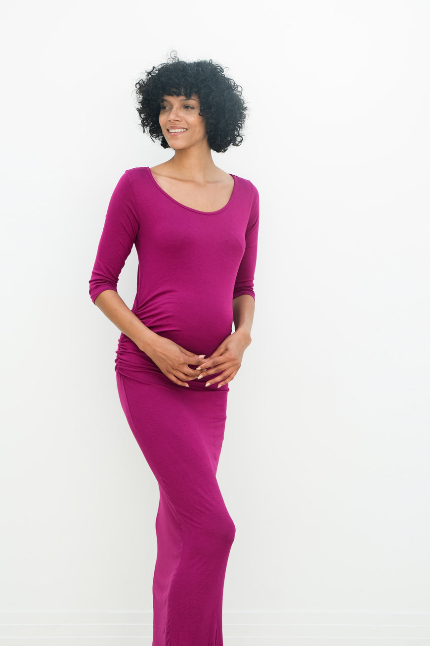 Maternity Maxi Ruched Evening Dress with 3/4 Sleeves