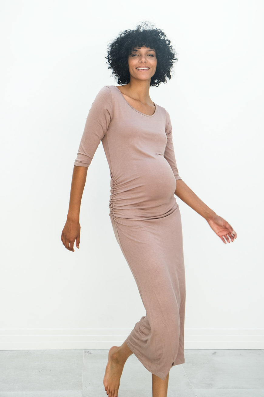 Maternity Maxi Ruched Evening Dress with 3/4 Sleeves