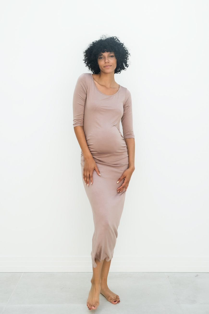 Maternity Maxi Ruched Evening Dress with 3/4 Sleeves