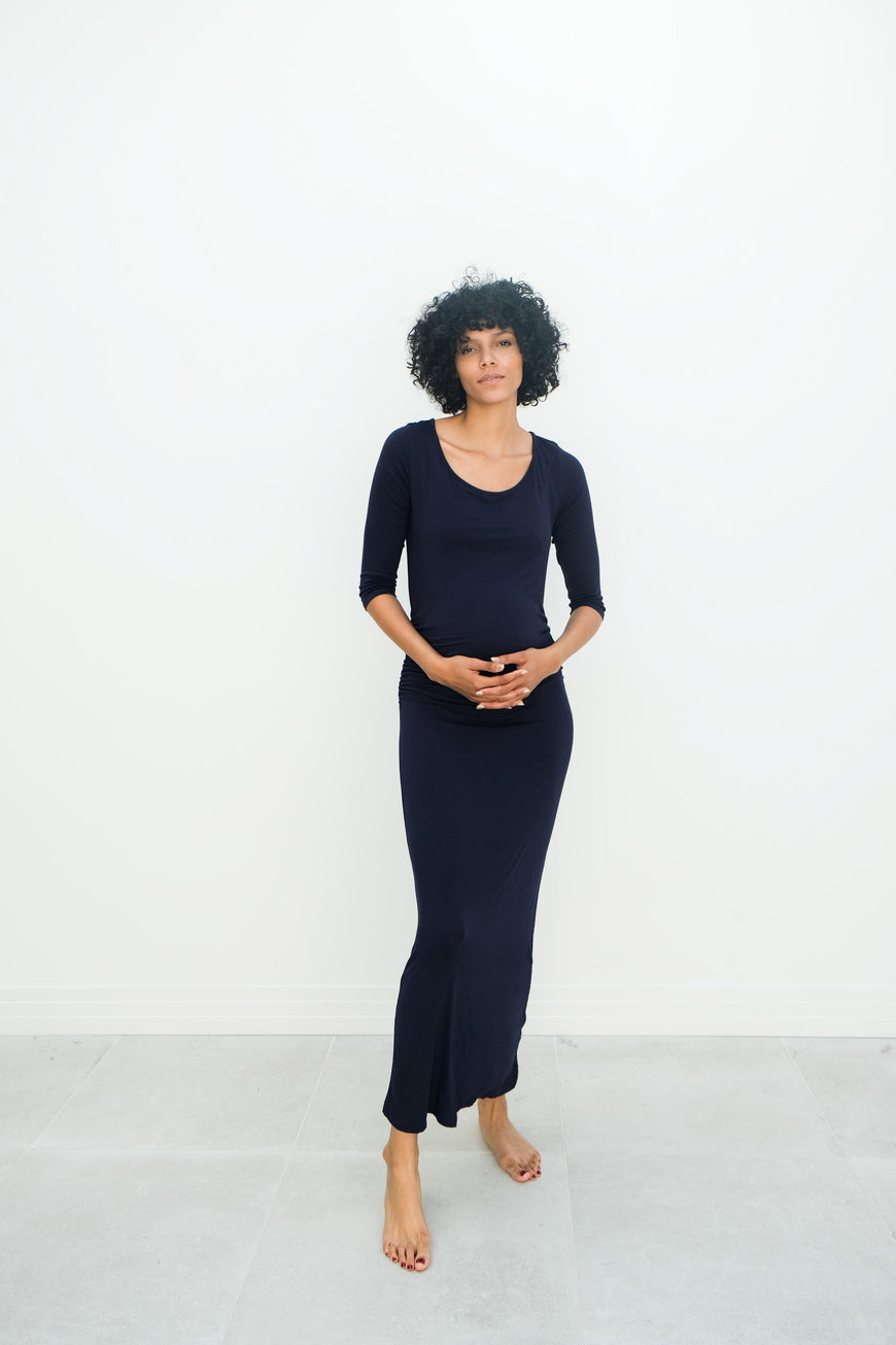 Maternity Maxi Ruched Evening Dress with 3/4 Sleeves