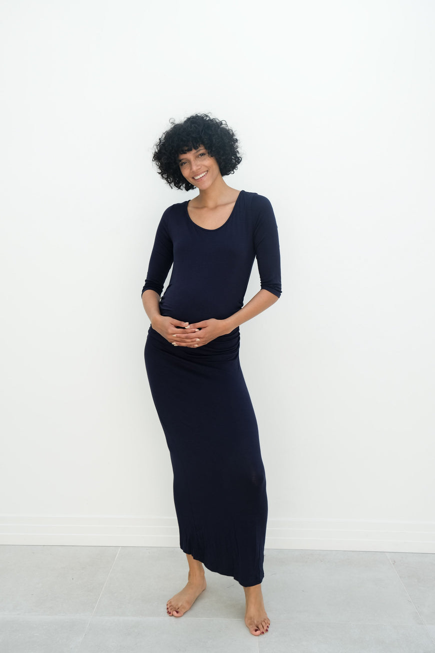 Maternity Maxi Ruched Evening Dress with 3/4 Sleeves
