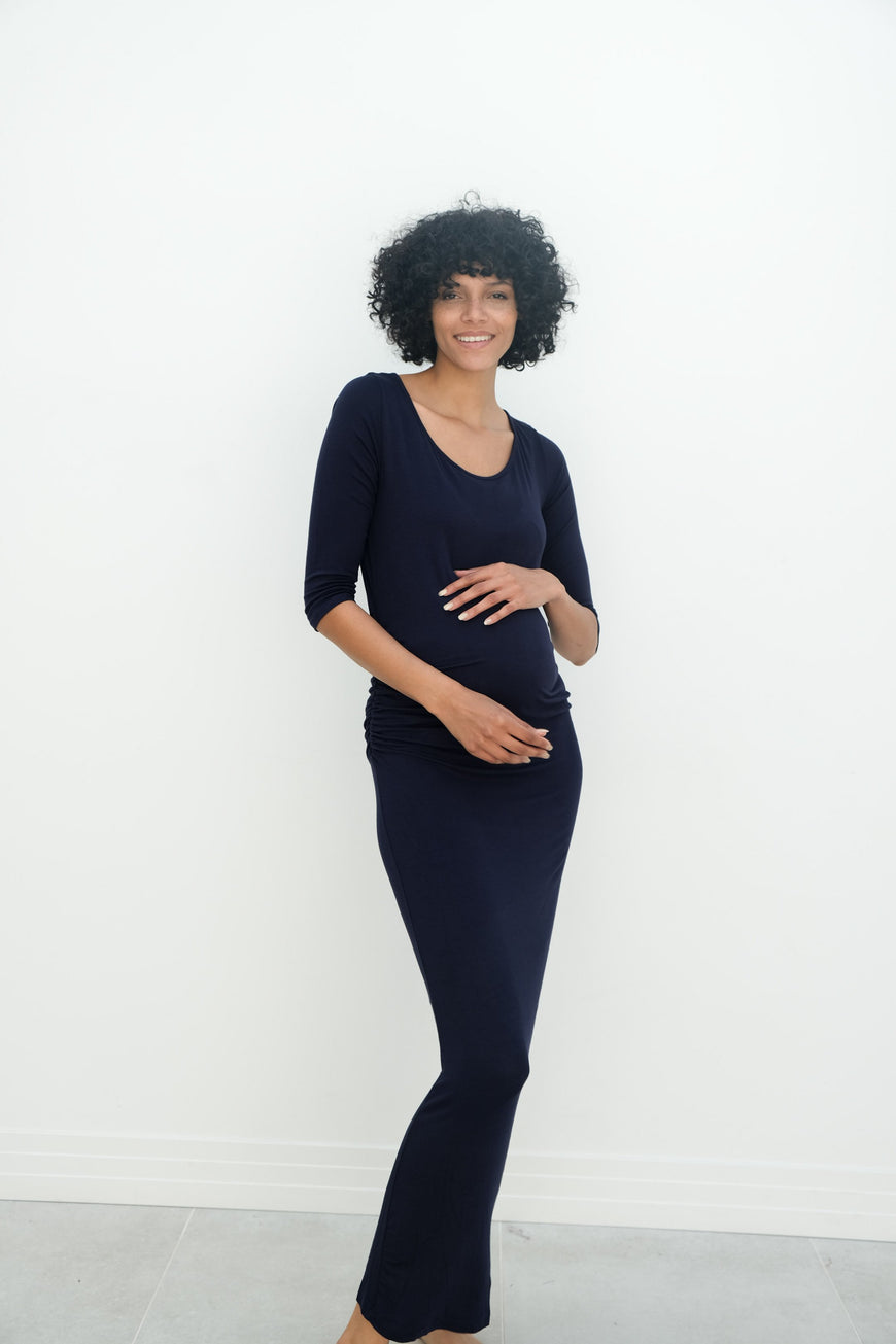 Maternity Maxi Ruched Evening Dress with 3/4 Sleeves