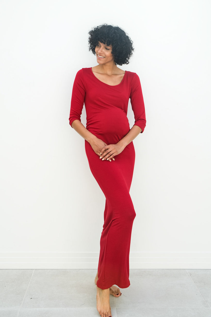 Maternity Maxi Ruched Evening Dress with 3/4 Sleeves