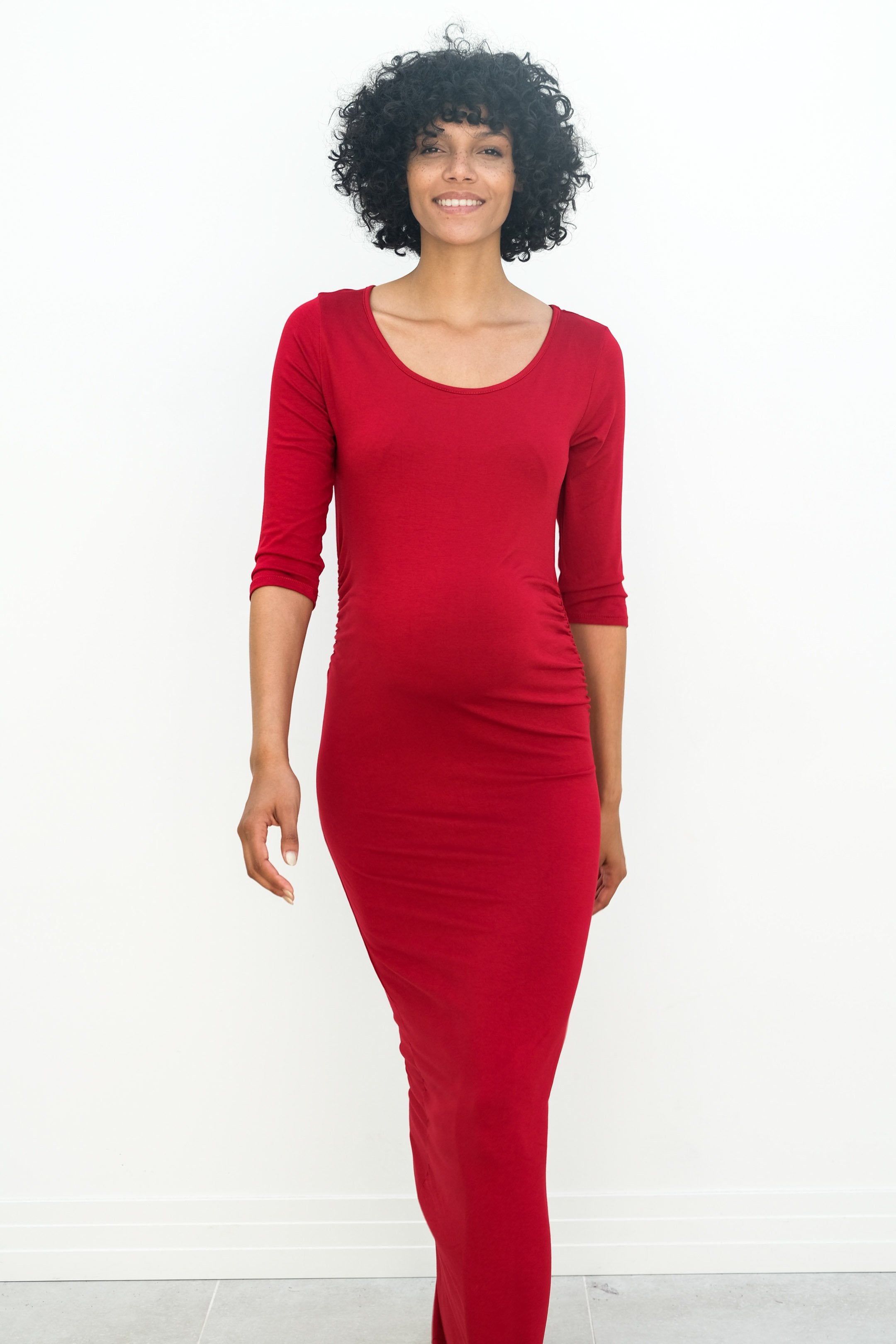 Maternity Maxi Ruched Evening Dress with 3/4 Sleeves
