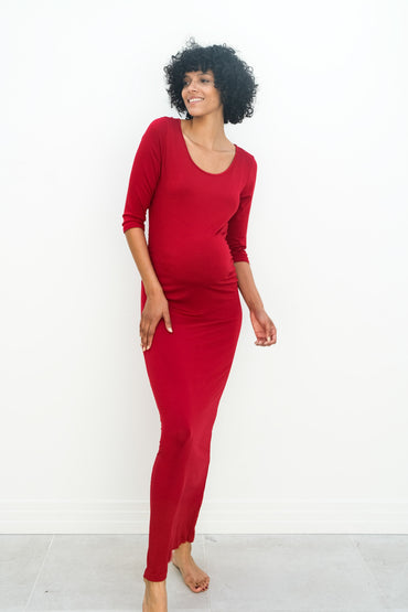 Maternity Maxi Ruched Evening Dress with 3/4 Sleeves