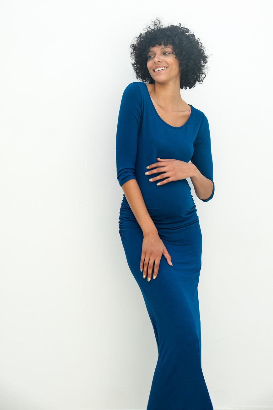 Maternity Maxi Ruched Evening Dress with 3/4 Sleeves