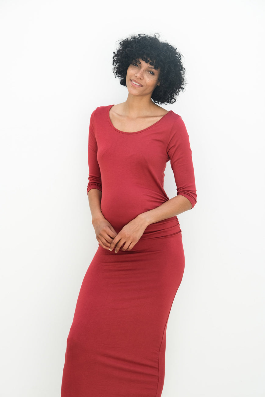 Maternity Maxi Ruched Evening Dress with 3/4 Sleeves