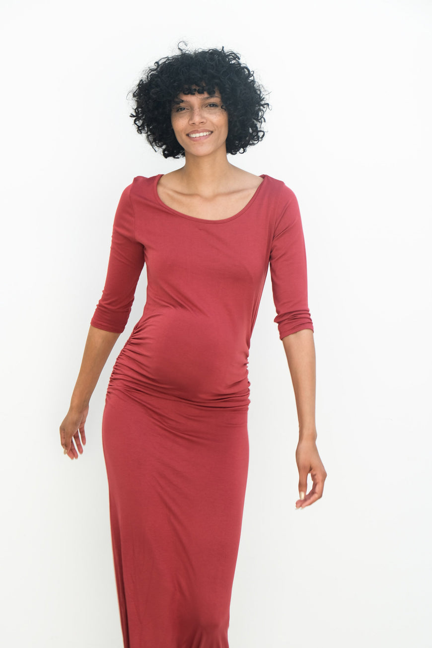 Maternity Maxi Ruched Evening Dress with 3/4 Sleeves