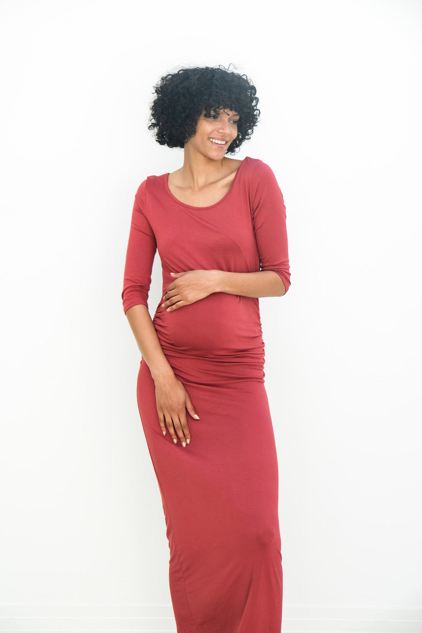 Maternity Maxi Ruched Evening Dress with 3/4 Sleeves