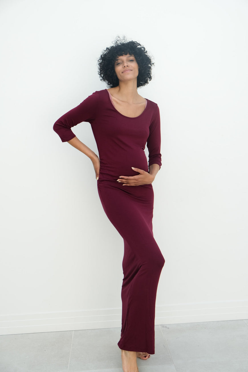 Maternity Maxi Ruched Evening Dress with 3/4 Sleeves