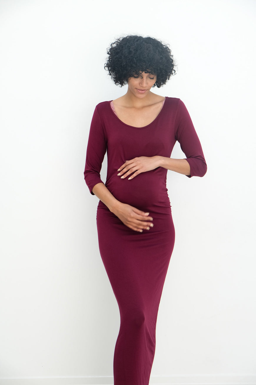Maternity Maxi Ruched Evening Dress with 3/4 Sleeves