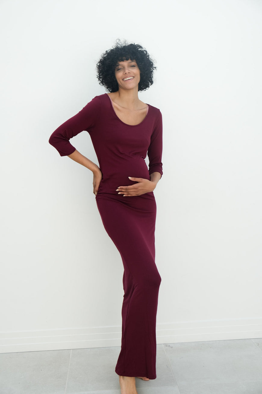 Maternity Maxi Ruched Evening Dress with 3/4 Sleeves