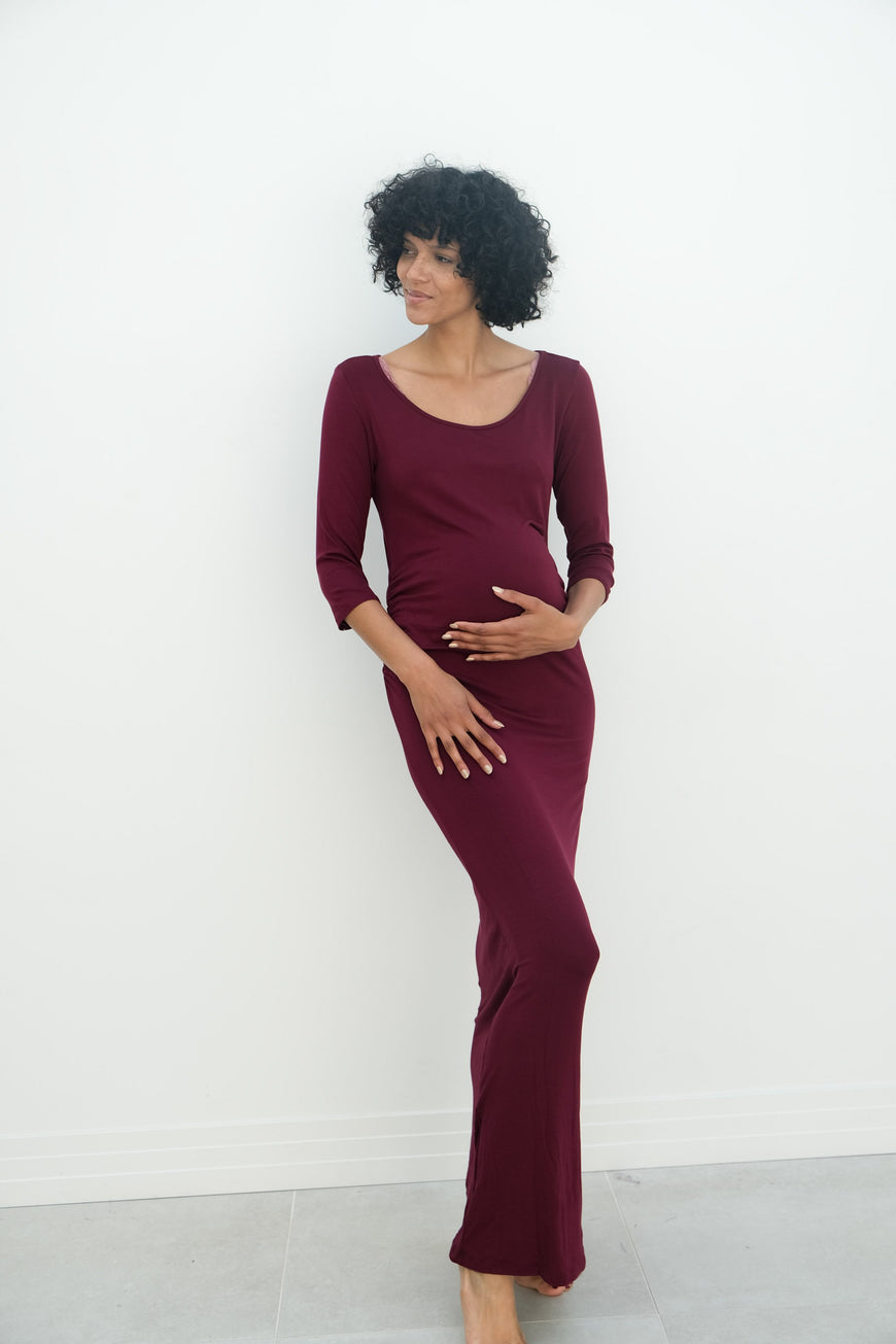 Maternity Maxi Ruched Evening Dress with 3/4 Sleeves
