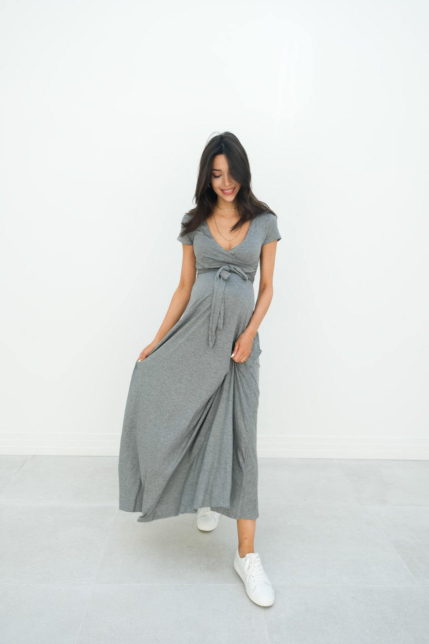 Gianna | Maternity Maxi Empire Tie Waist Dress With V-Neck