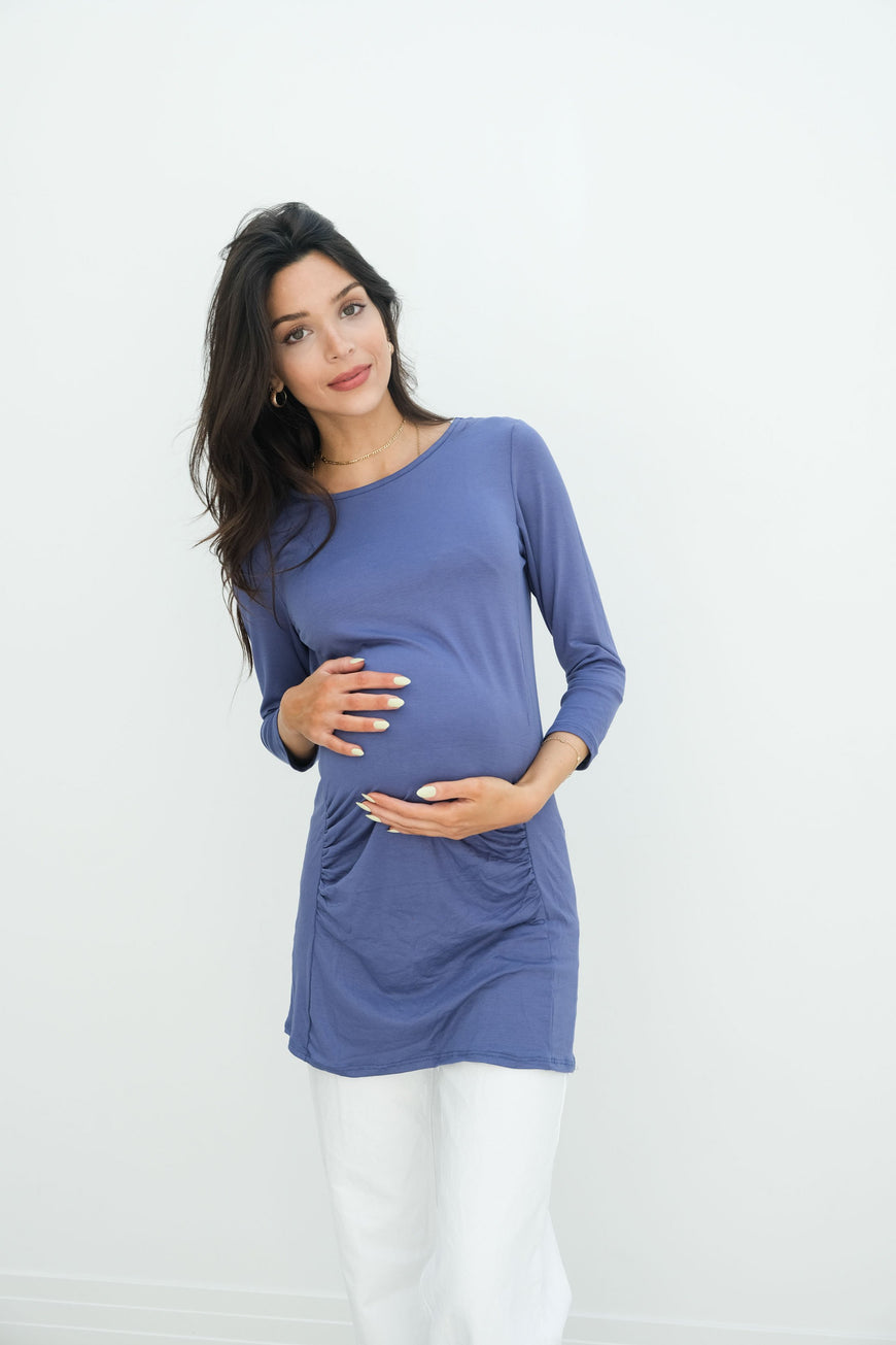 Sienna | Ruched Long Sleeve Short Maternity Dress With High Neck