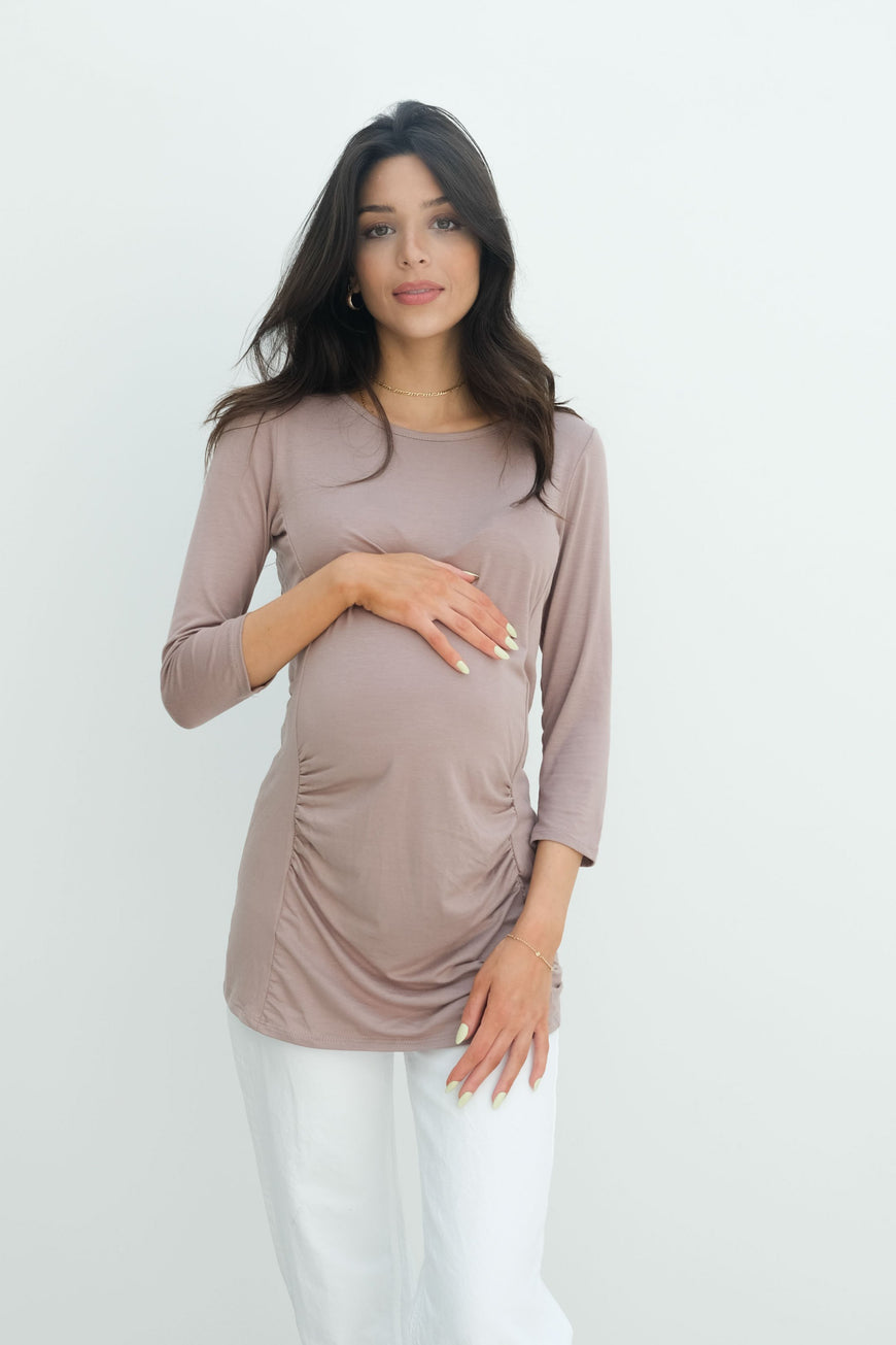 Sienna | Ruched Long Sleeve Short Maternity Dress With High Neck