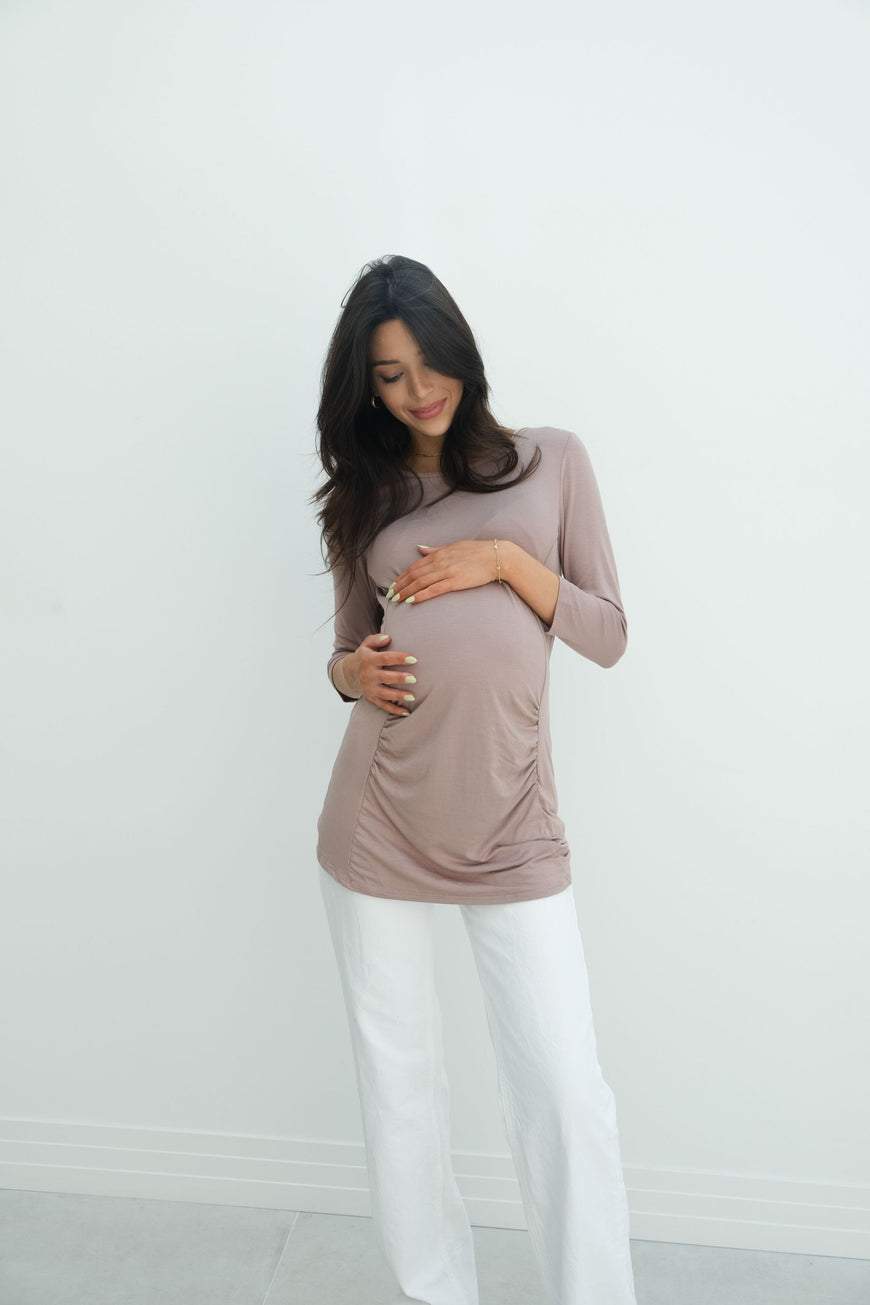 Sienna | Ruched Long Sleeve Short Maternity Dress With High Neck