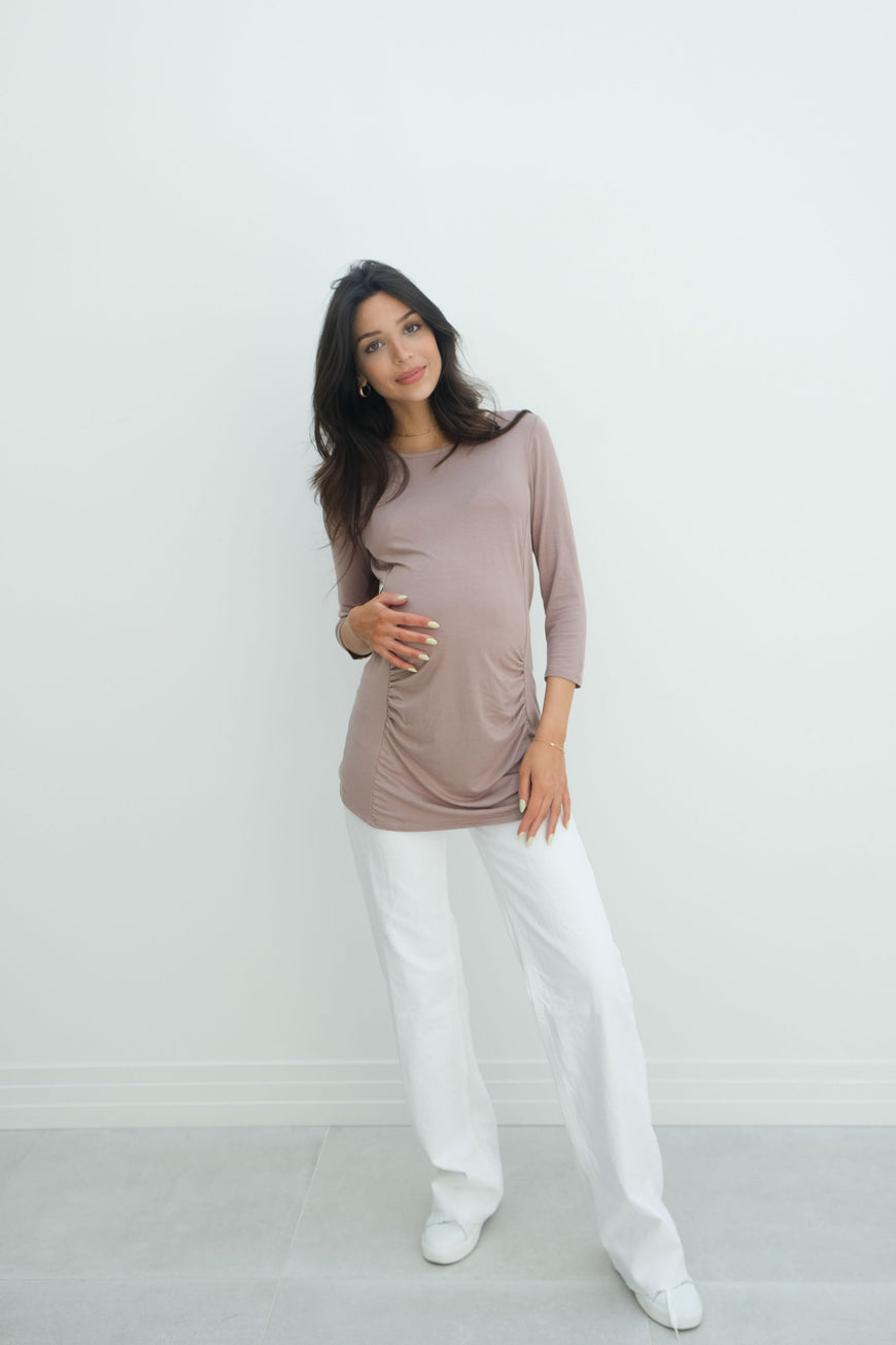 Sienna | Ruched Long Sleeve Short Maternity Dress With High Neck