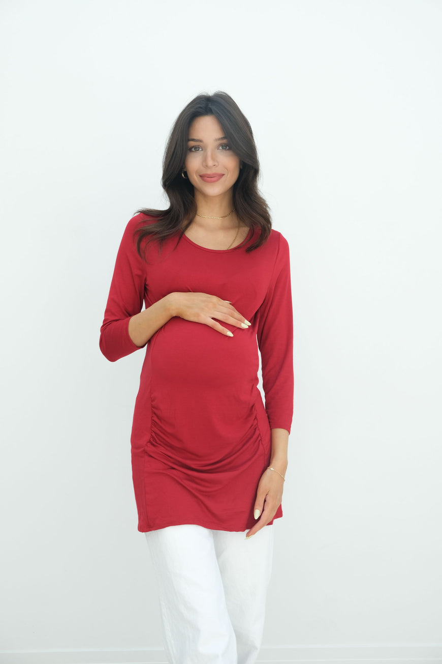 Sienna | Ruched Long Sleeve Short Maternity Dress With High Neck