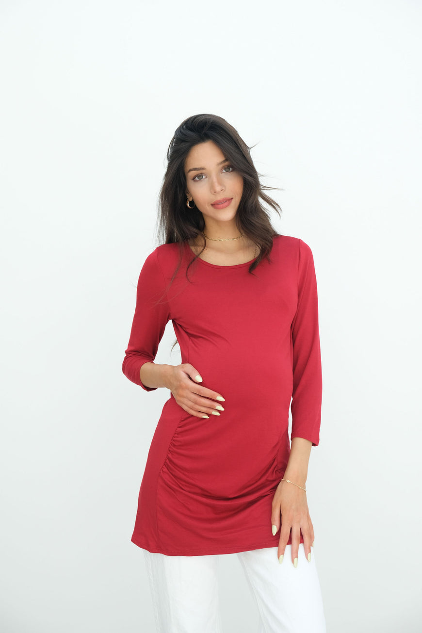 Sienna | Ruched Long Sleeve Short Maternity Dress With High Neck