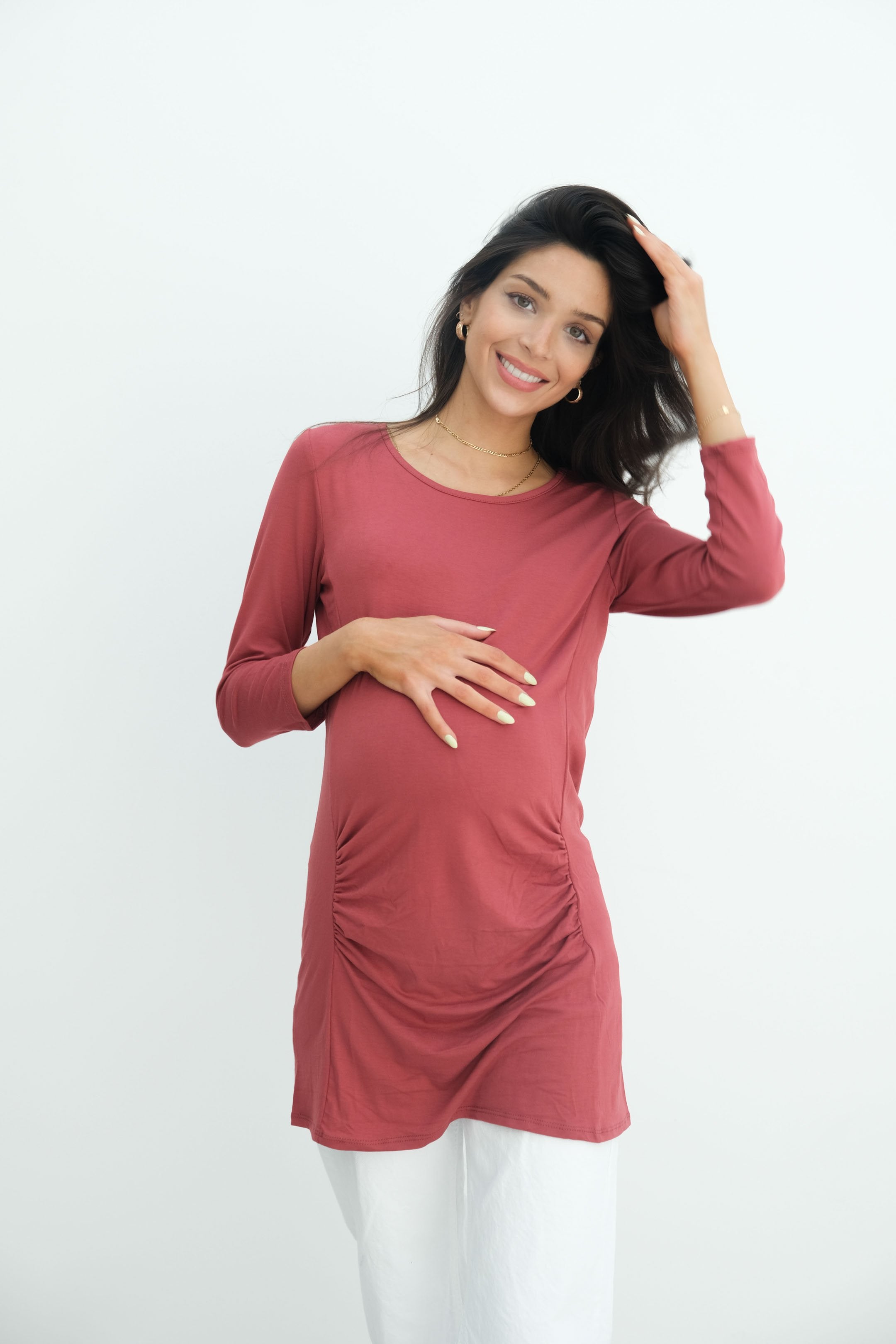Sienna | Ruched Long Sleeve Short Maternity Dress With High Neck