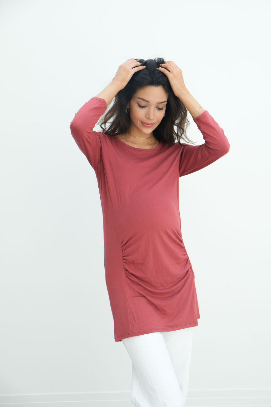 Sienna | Ruched Long Sleeve Short Maternity Dress With High Neck