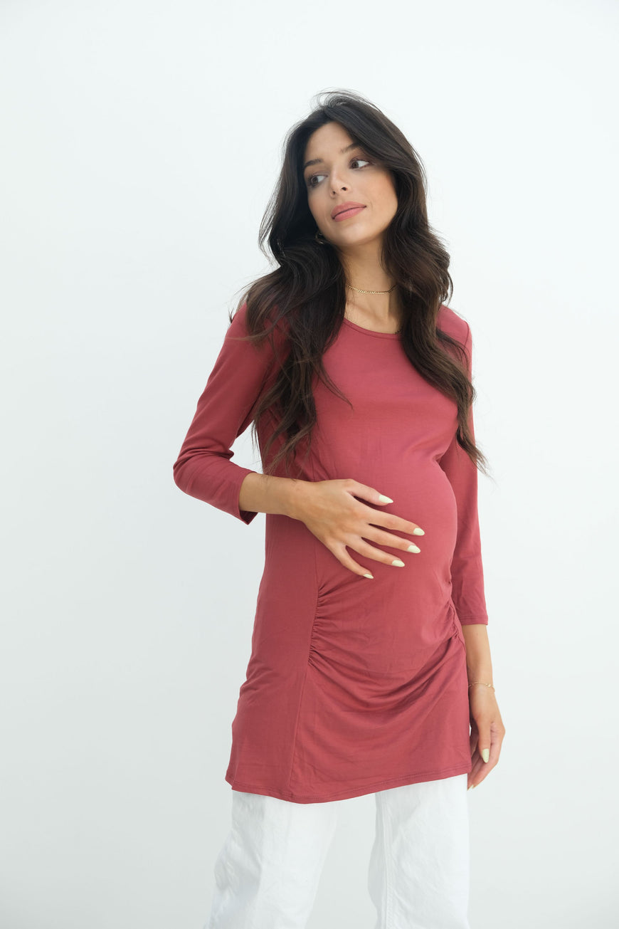 Sienna | Ruched Long Sleeve Short Maternity Dress With High Neck