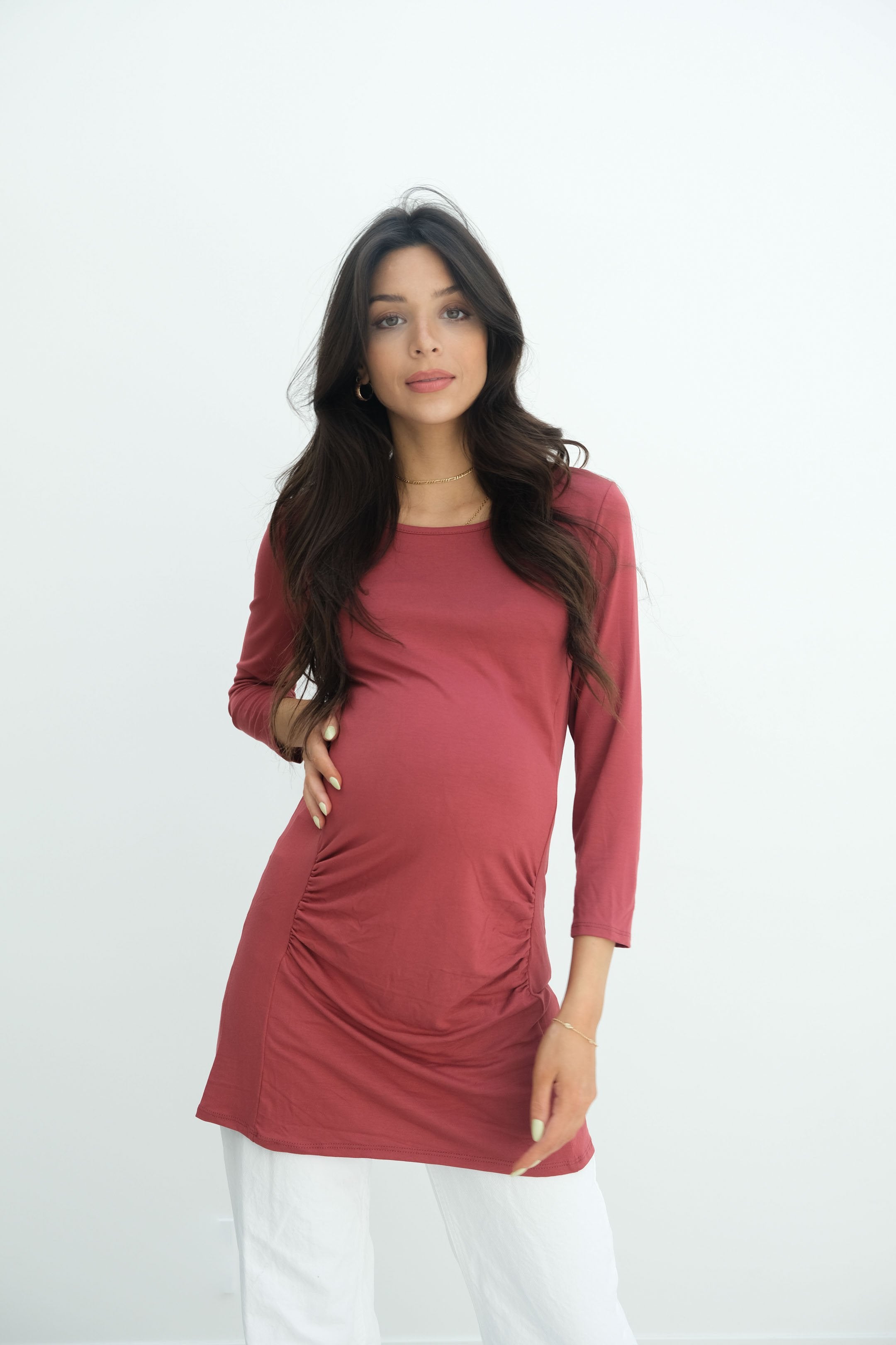 Sienna | Ruched Long Sleeve Short Maternity Dress With High Neck